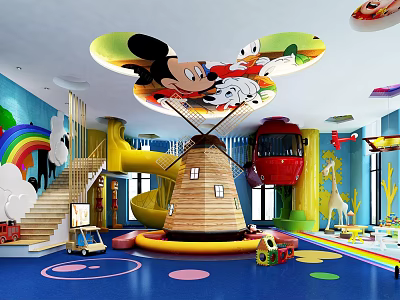 Indoor Kids Playground with Cartoon Characters Windmill Slide Cable Car and Rainbow Decorations 3d model
