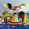 Indoor Kids Playground with Cartoon Characters Windmill Slide Cable Car and Rainbow Decorations