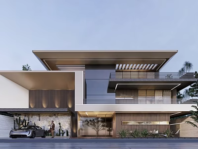 Modern Detached Villa With Two Story Wood Glass Facade Large Windows Balcony And Landscaped Garden 3d model