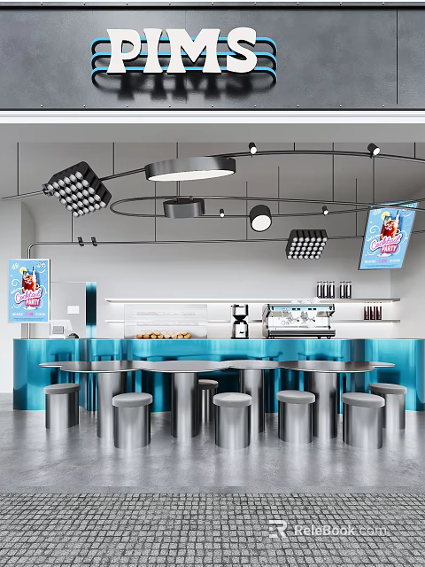 Modern Café Interior Design With Blue Counter Round Tables Metal Stools And Hanging Lights 3d model 