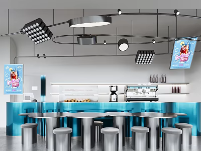 Modern Café Interior Design With Blue Counter Round Tables Metal Stools And Hanging Lights 3d model