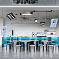 Modern Café Interior Design With Blue Counter Round Tables Metal Stools And Hanging Lights