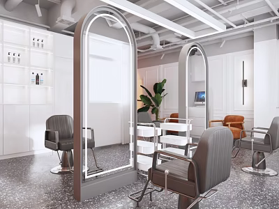Modern Beauty Salon Interior With Arched Mirrors Salon Chairs And Green Plants 3d model