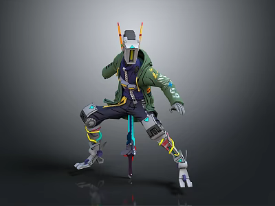 Cyberpunk Sci-Fi Character with Mechanical Helmet Antenna Green Jacket Robotic Legs Holding Weapon Action Pose 3d model