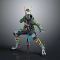 Cyberpunk Sci-Fi Character with Mechanical Helmet Antenna Green Jacket Robotic Legs Holding Weapon Action Pose