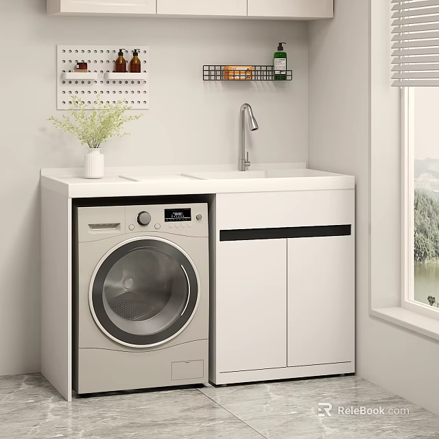 Practical Laundry Room With Hinged Door Cabinet Sink Washing Machine Wall Shelves And Window 3d model 