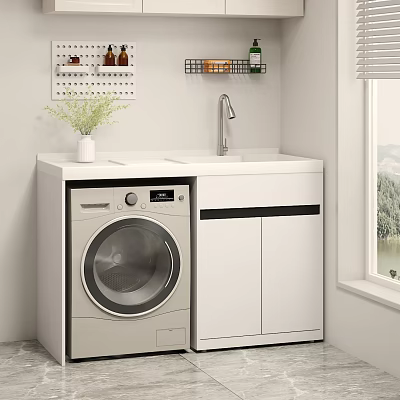 Practical Laundry Room With Hinged Door Cabinet Sink Washing Machine Wall Shelves And Window 3d model