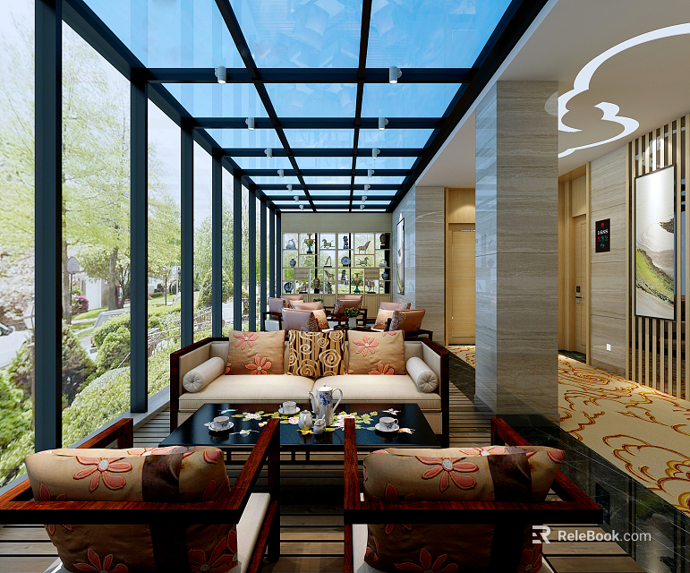 Villa Balcony with Glass Roof Cozy Sofa Tea Table and Green Plant View 3d model 