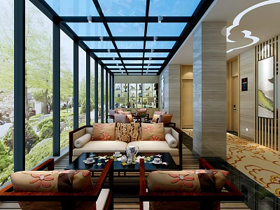 Villa Balcony with Glass Roof Cozy Sofa Tea Table and Green Plant View 3d model