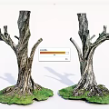 Two Leafless Arbor Trunks With Textured Bark And Green Grass Base Decorative Model