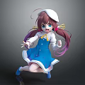 Anime Style Game Movie Character With Twin Tails Blue Dress White Hat And Lively Pose