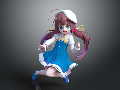 Anime Style Game Movie Character With Twin Tails Blue Dress White Hat And Lively Pose 3d model