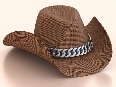 Brown Cowboy Hat With Wide Curved Brim And Silver Chain Band Woven Texture 3d model