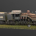 Old Rusty Steam Train on Grass Covered Tracks with Multiple Chimneys and Mechanical Parts