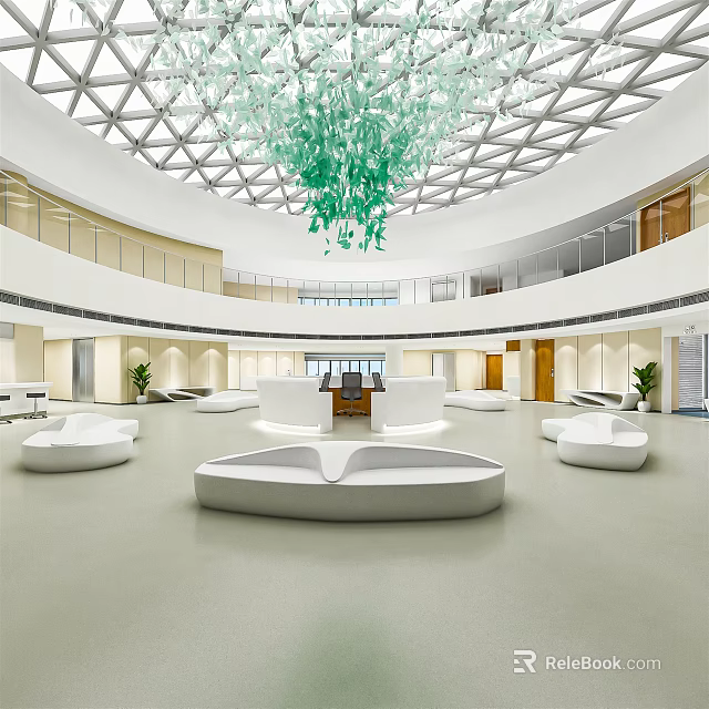 Modern Spacious Lobby Interior With Circular Ceiling Green Chandelier And White Curved Sofas 3d model 