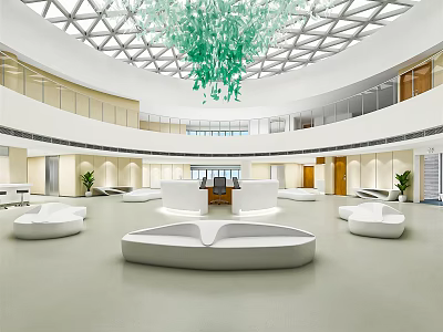 Modern Spacious Lobby Interior With Circular Ceiling Green Chandelier And White Curved Sofas 3d model