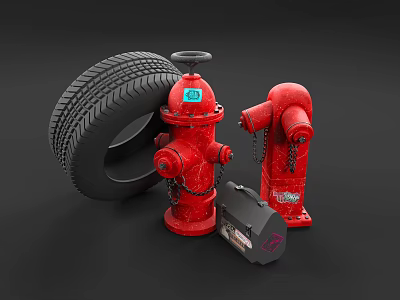 Red Fire Hydrant And Fire Equipment With Tire On Dark Background 3d model