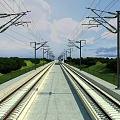 High Speed Rail Train on Tracks With Power Lines 3d model