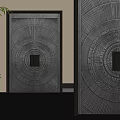 Modern Security Door With Intricate Circular Pattern And Bamboo Plant In Interior 3d model