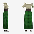 Cream Ruffled Collar Short Sleeve Dress With Brown Laced Corset And Green Plaid Long Skirt