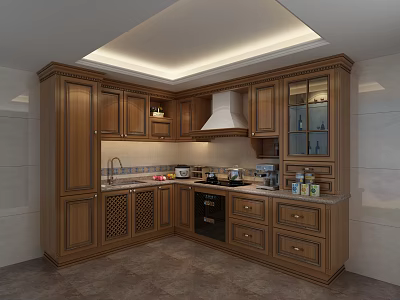 Traditional Wooden Kitchen Interior Featuring L Shaped Cabinets Countertop Stove And Sink 3d model