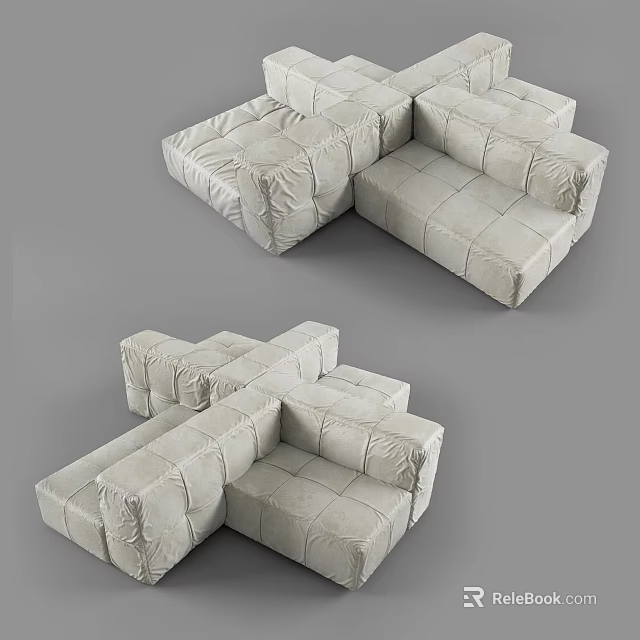 Modular Multi Person Sofa Light Fabric Square Stitch Sectional Design 3d model