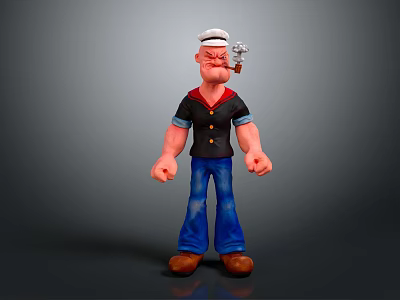 Muscular Sailor Cartoon Character With White Cap Pipe Black Shirt Blue Pants Brown Shoes 3d model