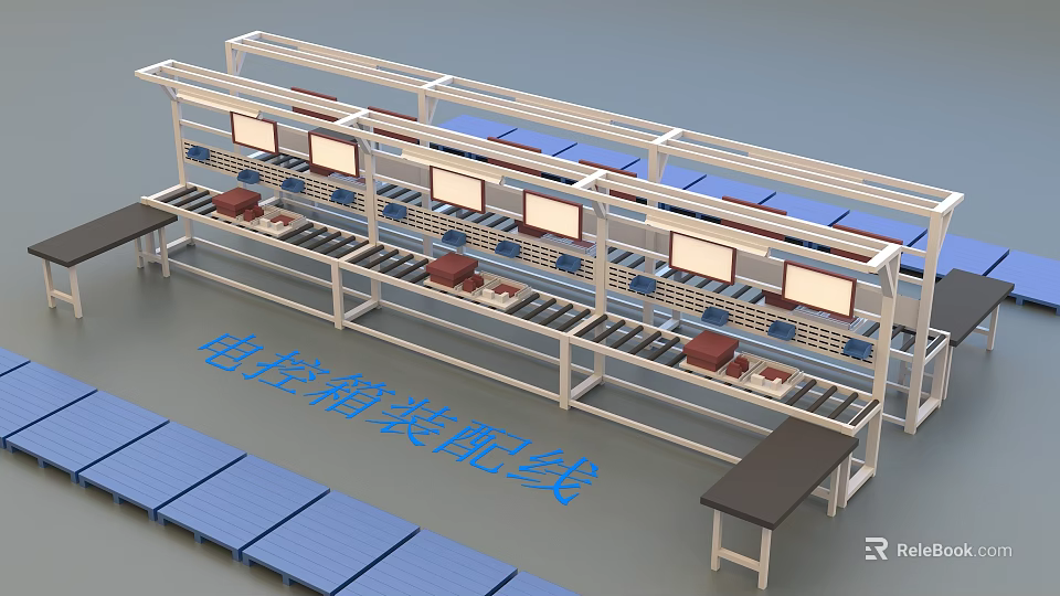 Industrial Electrical Control Box Assembly Line With Conveyor Belts And Workstations 3d model 