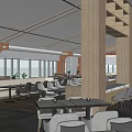 Modern Restaurant Interior With Wooden Ceiling Beams Tables Chairs And Plants