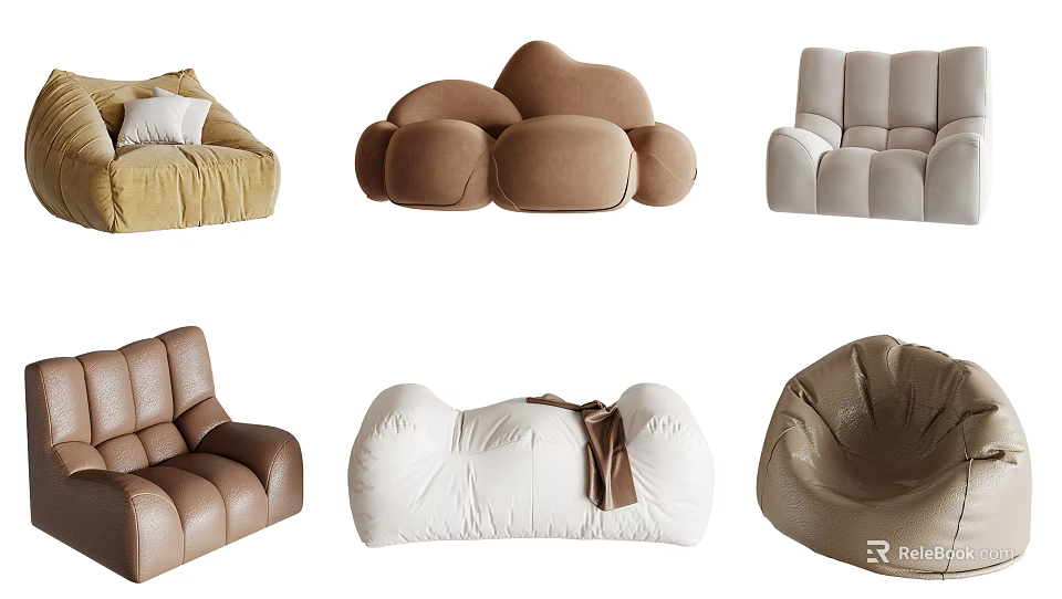Various Styles Lazy Sofa In Neutral Colors With Fabric And Leather Options For Comfortable Seating 3d model 
