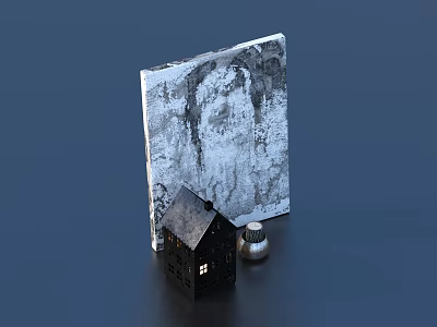 Home Living Supplies Gray Square Decor Black House Model and Silver Jar on Blue Background 3d model