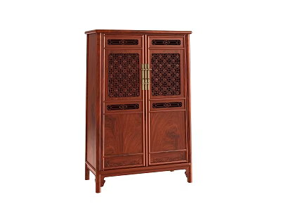 Traditional Wooden Decorative Cabinet With Carved Lattice Doors And Brass Handles 3d model