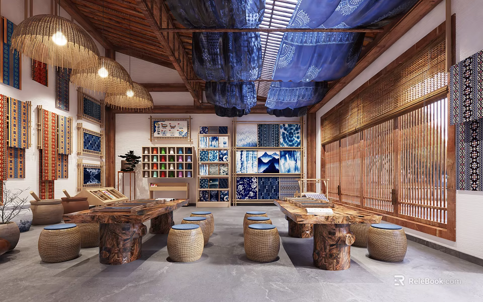 Chinese Style Classroom With Wooden Tables Blue Dyed Cloth Bamboo Partitions And Porcelain Displays 3d model 