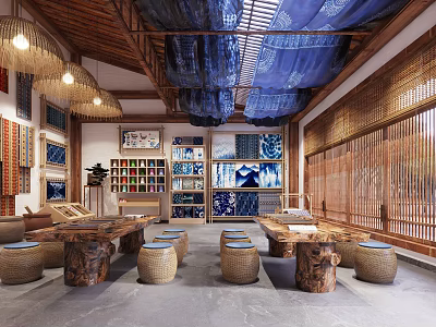 Chinese Style Classroom With Wooden Tables Blue Dyed Cloth Bamboo Partitions And Porcelain Displays 3d model