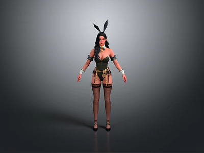 Woman In Bunny Ears Headband And Tight Fitting Outfit With Stockings And High Heels 3d model