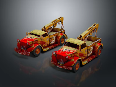 Vintage Red And Yellow Truck Models With Crane Design On Dark Background 3d model