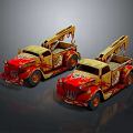 Vintage Red And Yellow Truck Models With Crane Design On Dark Background