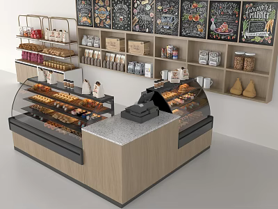 Display Cabinets And Shelves In Bakery With Pastries And Goods 3d model
