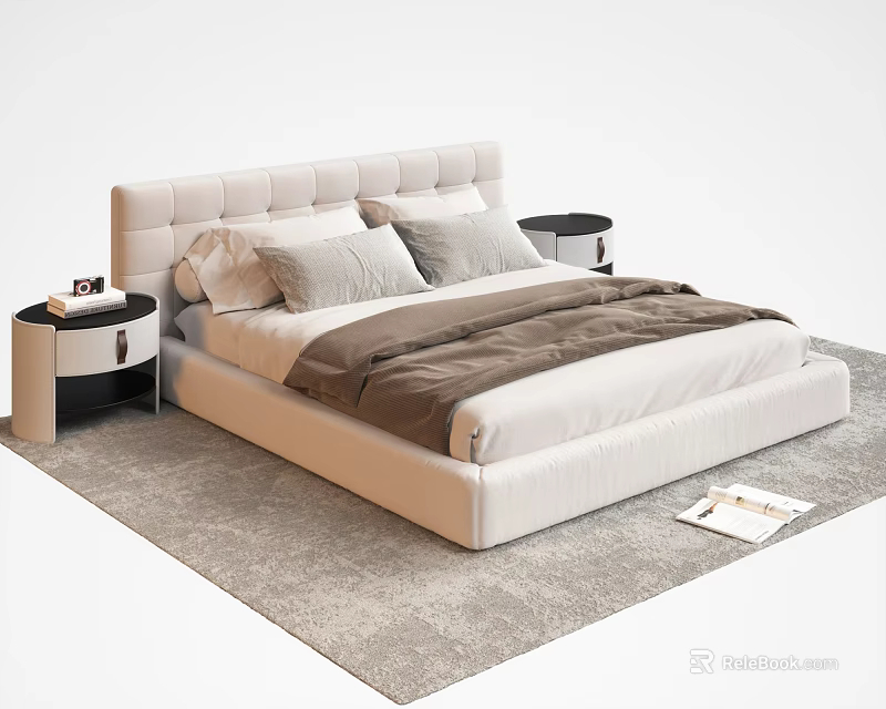 Modern Minimalist Double Bed With Upholstered Headboard Brown Beige Duvet Nightstands And Area Rug 3d model 