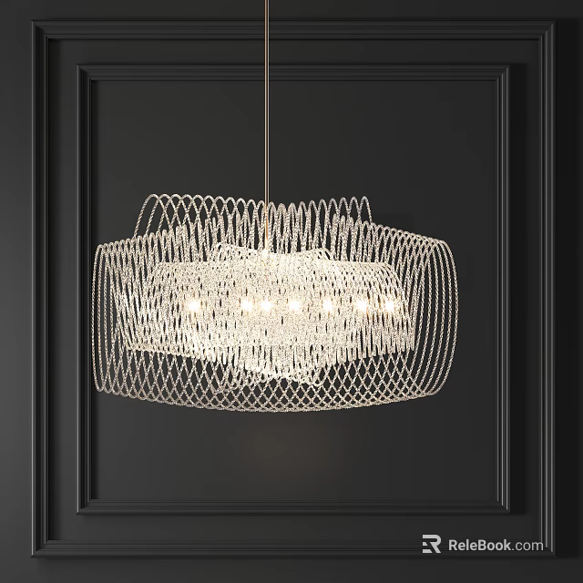 Elegant Modern Mesh Design Chandelier With Crystal Elements Illuminating Dark Wall Background 3d model