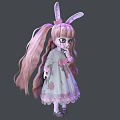 Cute Woman With Pink Long Hair Bunny Ears And Lace Dress In Cartoon Style