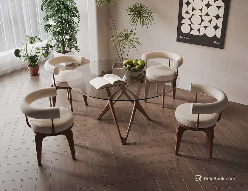 Modern Round Glass Dining Table Set With Wooden Legs Curved Back Chairs And Fruit Bowl 3d model 