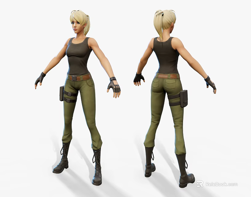 Game and Movie Character with Blonde Ponytail Black Tank Top Green Cargo Pants Black Boots 3d model 
