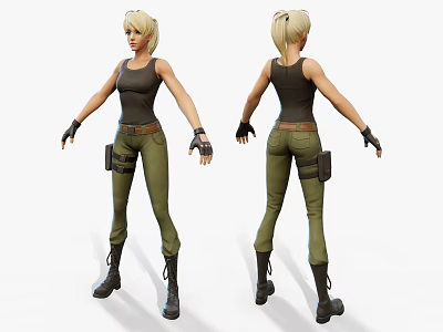 Game and Movie Character with Blonde Ponytail Black Tank Top Green Cargo Pants Black Boots 3d model