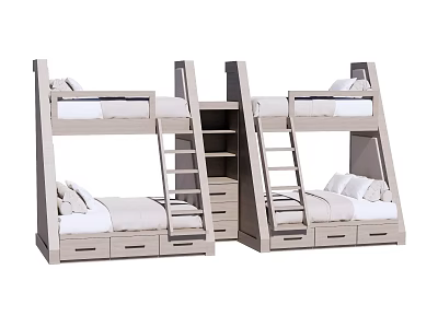 Light Wood Twin Bunk Beds with Ladder Storage Drawers and White Pillows Mattresses 3d model