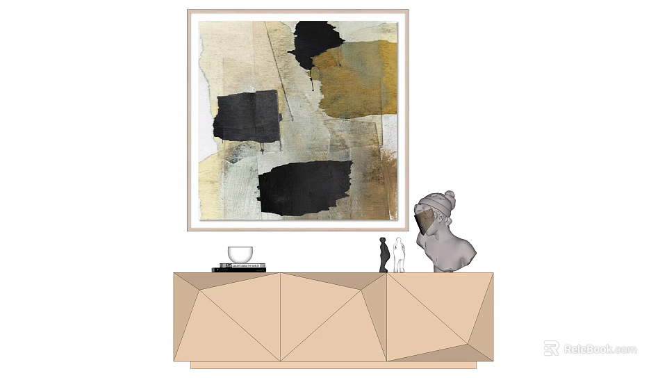 Abstract Painting With Neutral Tones In Geometric Cabinet Interior With Dog Figurine Cup And Books 3d model 
