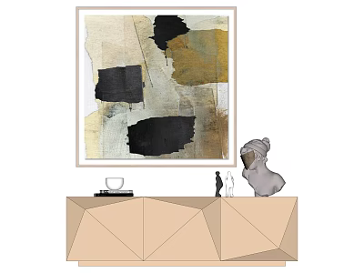 Abstract Painting With Neutral Tones In Geometric Cabinet Interior With Dog Figurine Cup And Books 3d model