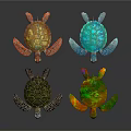 Colorful Sea Turtles With Vibrant Shells And Flippers On Dark Background