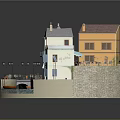Scenic Miniature Village Model Featuring Yellow Roof House White Buildings River Boats Greenery Street Lamps
