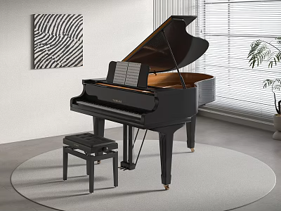 Elegant Black Grand Piano And Abstract Painting In Interior With Stool Window And Potted Plant 3d model